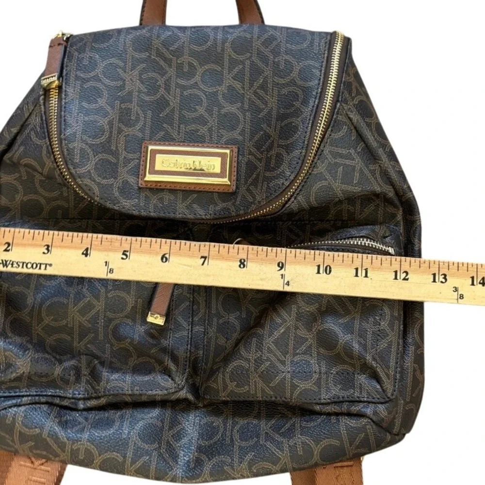 Calvin Klein Monogram Logo Faux Leather Backpack Brown‎ Gold Chic Designer